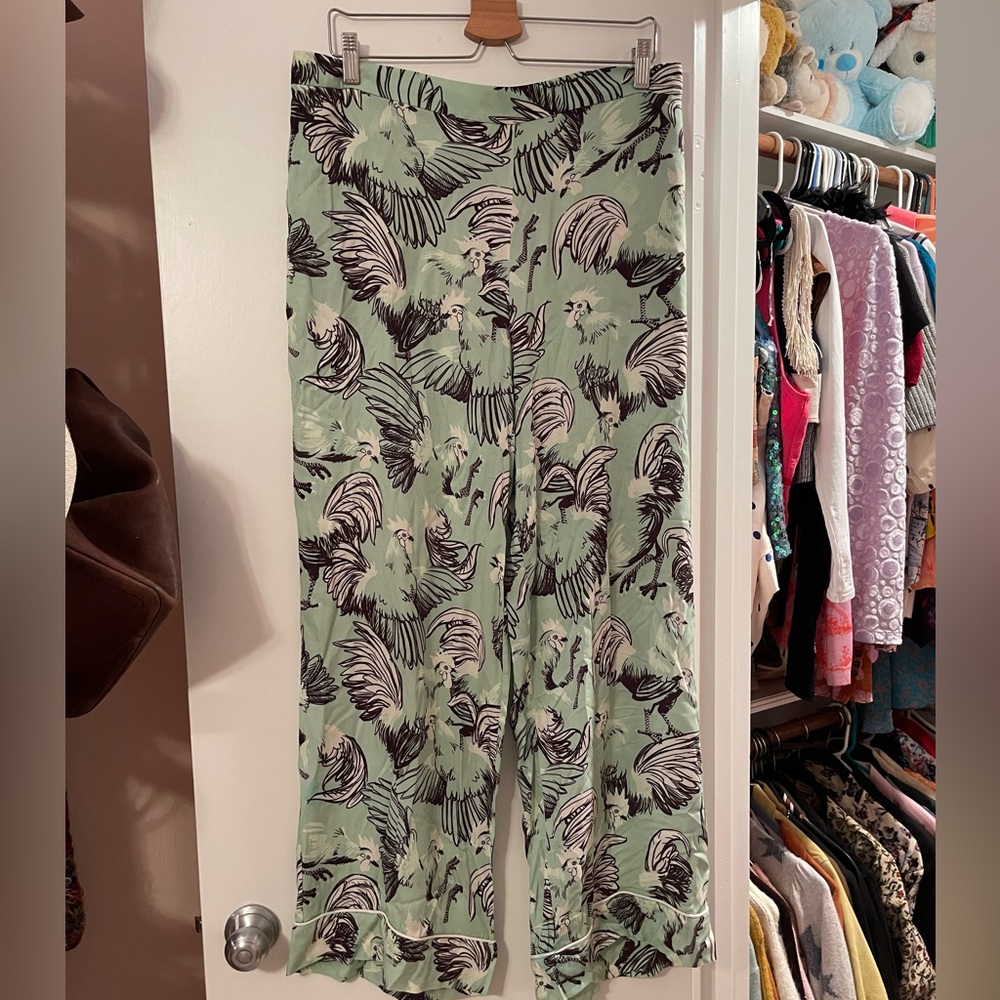 Rachel Antonoff cozy chicken print pajama pants pjs green soft elastic waist